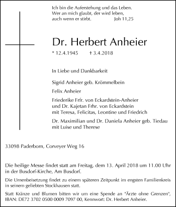 Traueranzeige von Herbert Anheier von Westfalen-Blatt