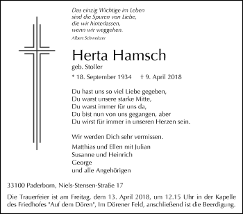 Traueranzeige von Herta Hamsch von Westfalen-Blatt