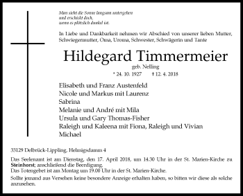 Traueranzeige von Hildegard Timmermeier von Westfalen-Blatt