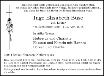 Traueranzeige von Inge Elisabeth Büse von Westfalen-Blatt