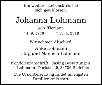 Traueranzeige von Johanna Lohmann von Westfalen-Blatt