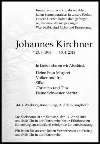 Traueranzeige von Johannes Kirchner von Westfalen-Blatt