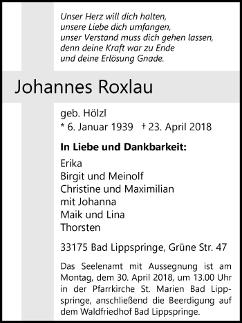 Traueranzeige von Johannes Roxlau von Westfalen-Blatt
