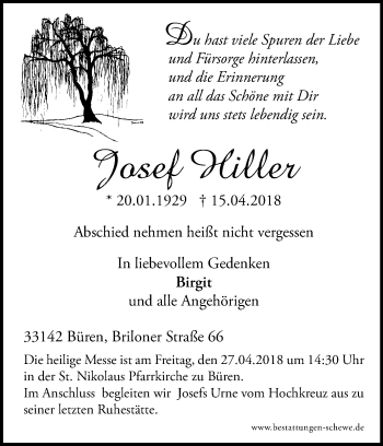 Traueranzeige von Josef Hiller von Westfalen-Blatt