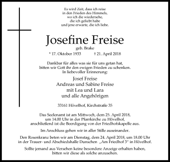 Traueranzeige von Josefine Freise von Westfalen-Blatt