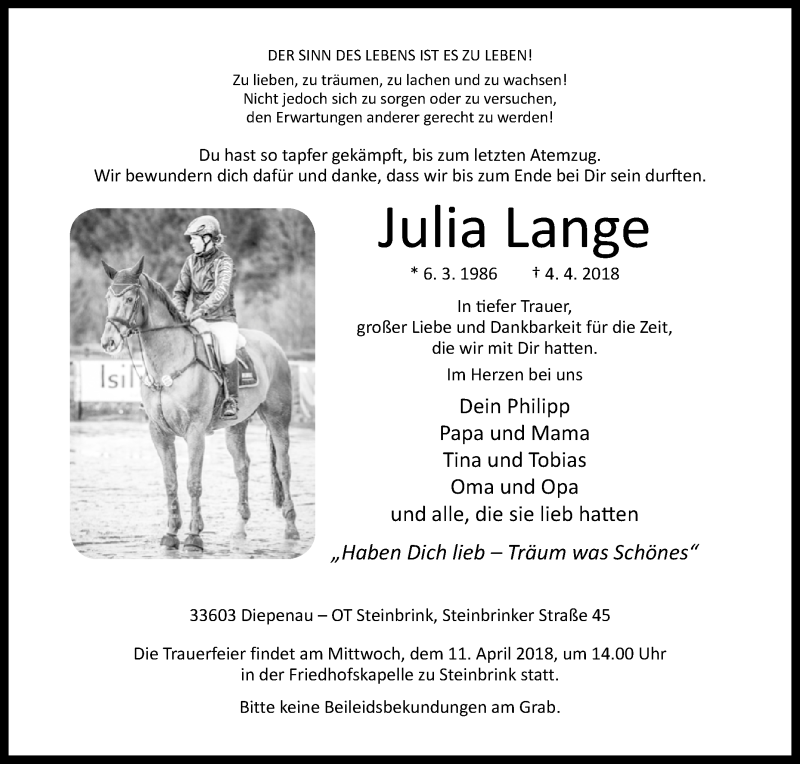  Traueranzeige für Julia Lange vom 07.04.2018 aus Westfalen-Blatt
