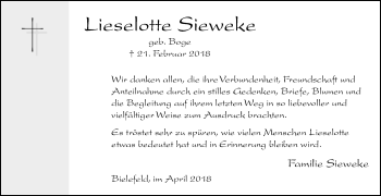 Traueranzeige von Lieselotte Sieweke von Westfalen-Blatt