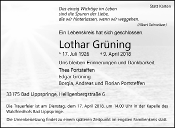 Traueranzeige von Lothar Grüning von Westfalen-Blatt