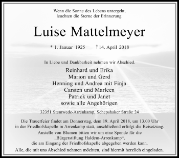 Traueranzeige von Luise Mattelmeyer von Westfalen-Blatt