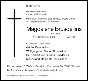 Traueranzeige von Magdalene Brusdeilins von Westfalen-Blatt
