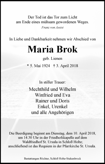 Traueranzeige von Maria Brok von Westfalen-Blatt