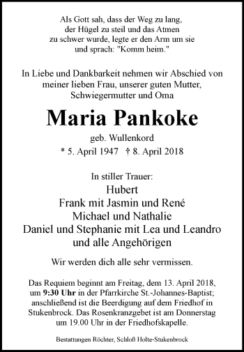 Traueranzeige von Maria Pankoke von Westfalen-Blatt