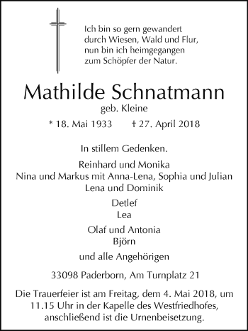 Traueranzeige von Mathilde Schnatmann von Westfalen-Blatt