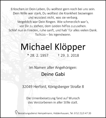 Traueranzeige von Michael Klöpper von Westfalen-Blatt