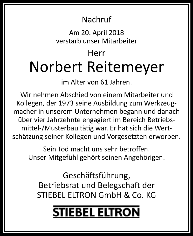  Traueranzeige für Norbert Reitemeyer vom 27.04.2018 aus Westfalen-Blatt