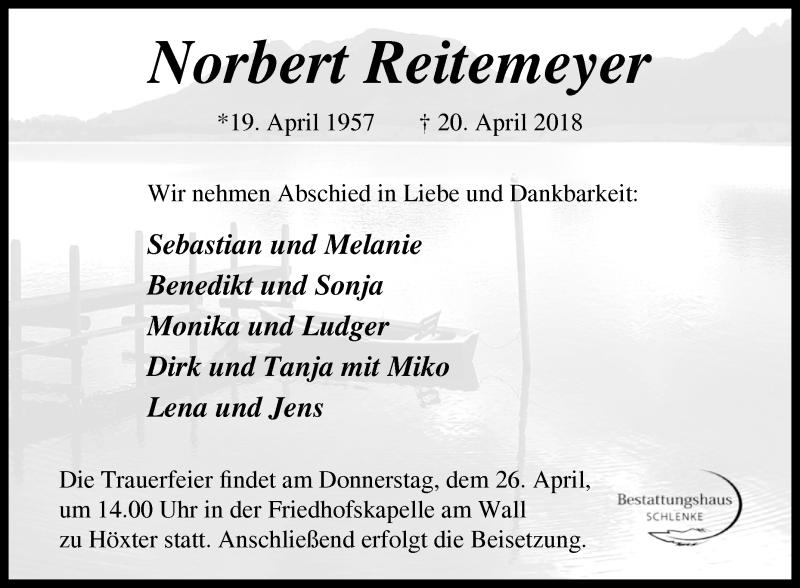  Traueranzeige für Norbert Reitemeyer vom 24.04.2018 aus Westfalen-Blatt