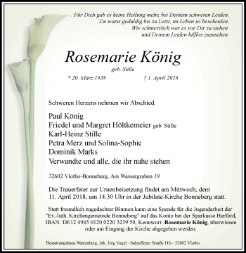 Traueranzeige von Rosemarie König von Westfalen-Blatt