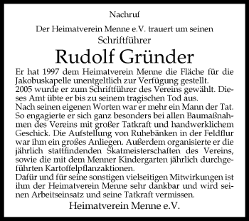 Traueranzeige von Rudolf Gründer von Westfalen-Blatt