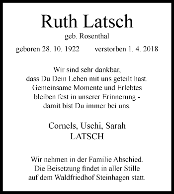 Traueranzeige von Ruth Latsch von Westfalen-Blatt