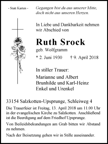 Traueranzeige von Ruth Srock von Westfalen-Blatt