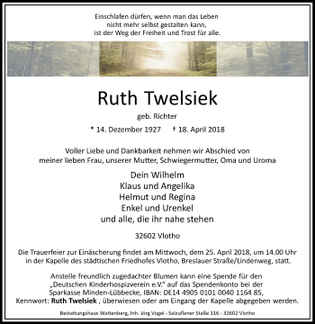 Traueranzeige von Ruth Twelsiek von Westfalen-Blatt