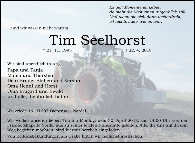  Traueranzeige für Tim Seelhorst vom 25.04.2018 aus Westfalen-Blatt