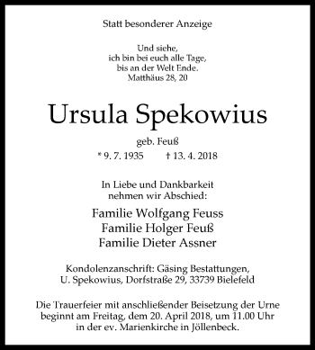 Traueranzeige von Ursula Spekowius von Westfalen-Blatt