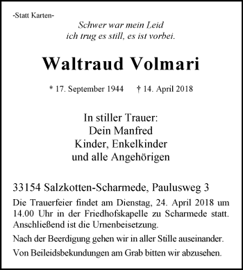 Traueranzeige von Waltraud Volmari von Westfalen-Blatt