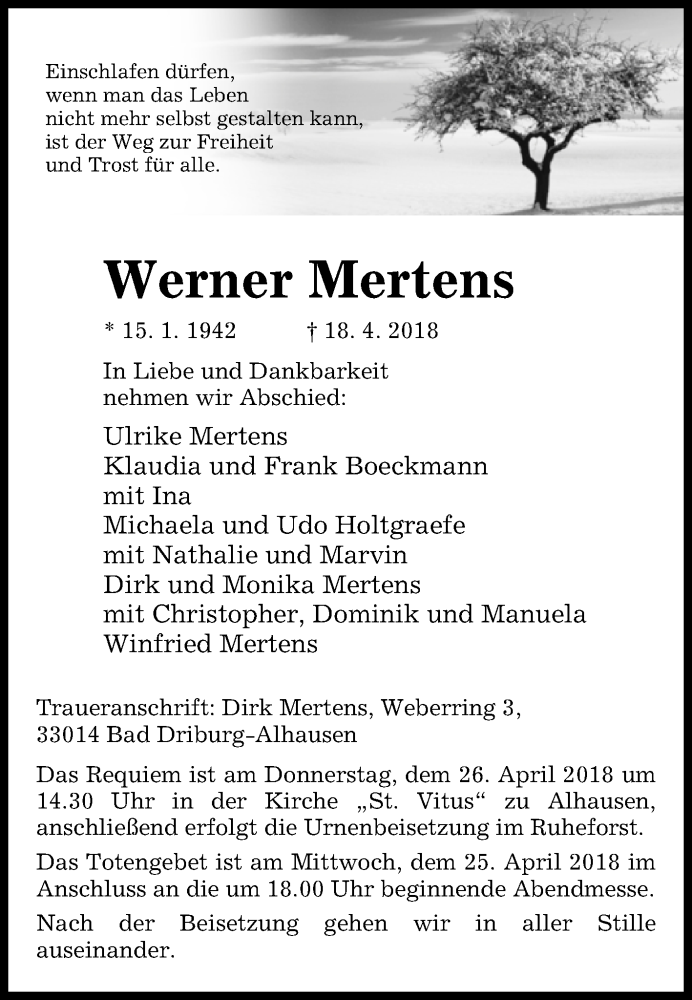  Traueranzeige für Werner Mertens vom 21.04.2018 aus Westfalen-Blatt