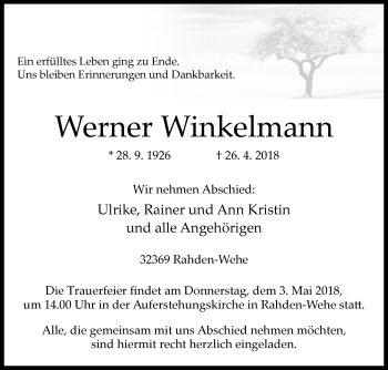 Traueranzeige von Werner Winkelmann von Westfalen-Blatt