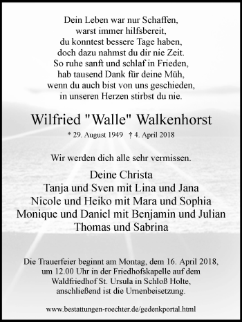 Traueranzeige von Wilfried Walkenhorst von Westfalen-Blatt