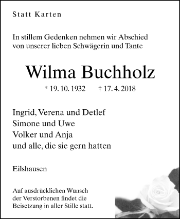 Traueranzeige von Wilma Buchholz von Westfalen-Blatt