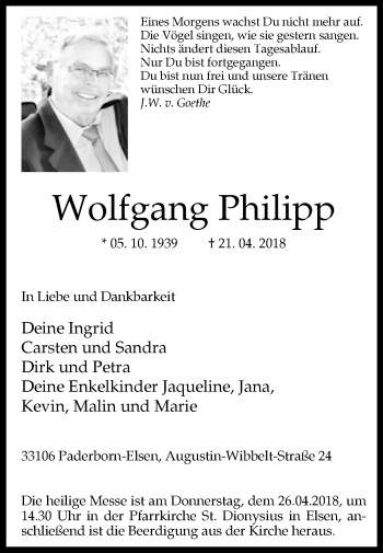 Traueranzeige von Wolfgang Philipp von Westfalen-Blatt