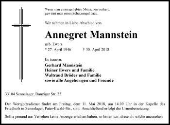 Traueranzeige von Annegret Mannstein von Westfalen-Blatt