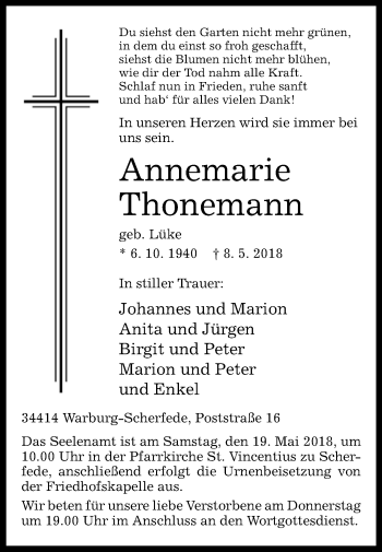 Traueranzeige von Annemarie Thonemann von Westfalen-Blatt