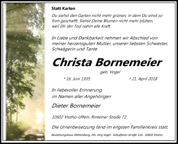 Traueranzeige von Christa Bornemeier von Westfalen-Blatt