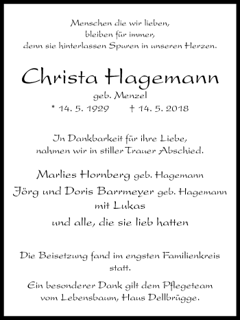 Traueranzeige von Christa Hagemann von Westfalen-Blatt