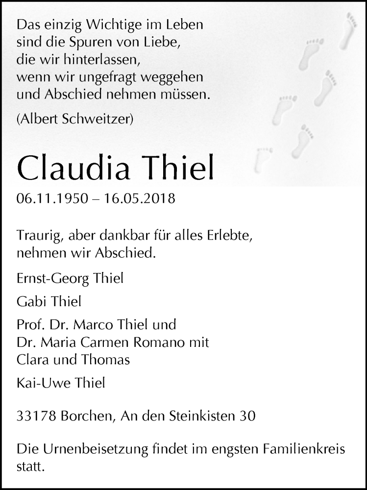  Traueranzeige für Claudia Thiel vom 19.05.2018 aus Westfalen-Blatt
