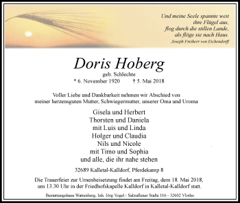 Traueranzeige von Doris Hoberg von Westfalen-Blatt