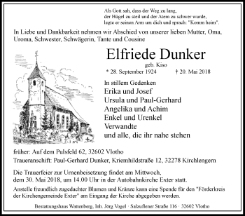 Traueranzeige von Elfriede Dunker von Westfalen-Blatt