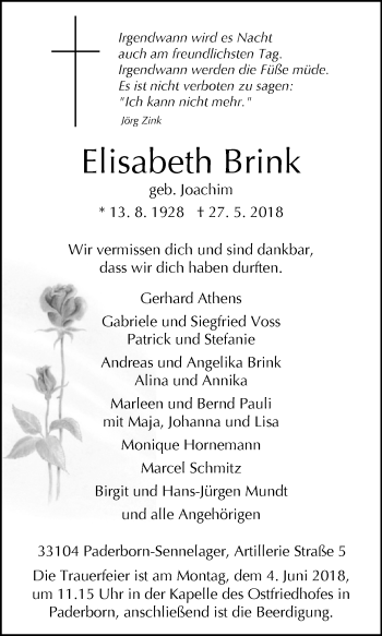 Traueranzeige von Elisabeth Brink von Westfalen-Blatt