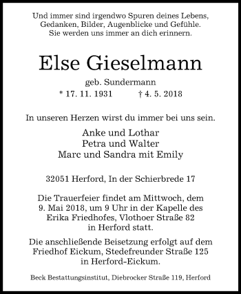 Traueranzeige von Else Gieselmann von Westfalen-Blatt