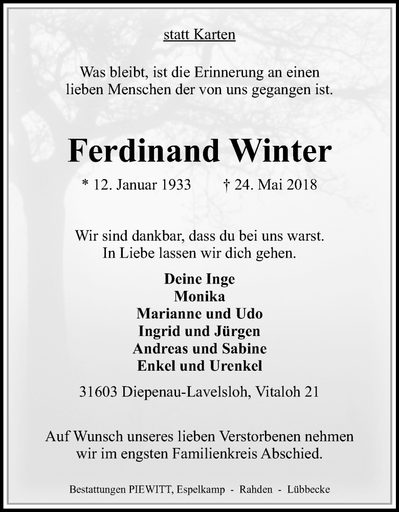  Traueranzeige für Ferdinand Winter vom 26.05.2018 aus Westfalen-Blatt