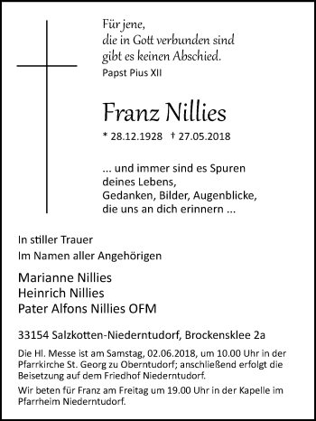 Traueranzeige von Franz Nillies von Westfalen-Blatt