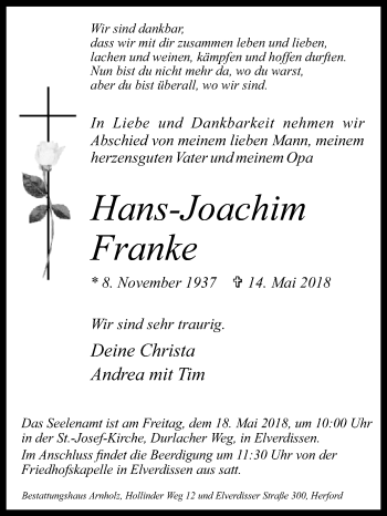 Traueranzeige von Hans-Joachim Franke von Westfalen-Blatt