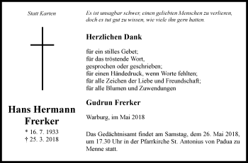 Traueranzeige von Hans Hermann Frerker von Westfalen-Blatt