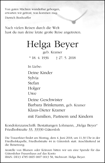 Traueranzeige von Helga Beyer von Westfalen-Blatt