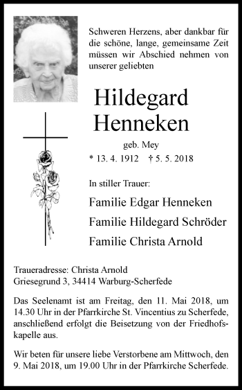 Traueranzeige von Hildegard Henneken von Westfalen-Blatt