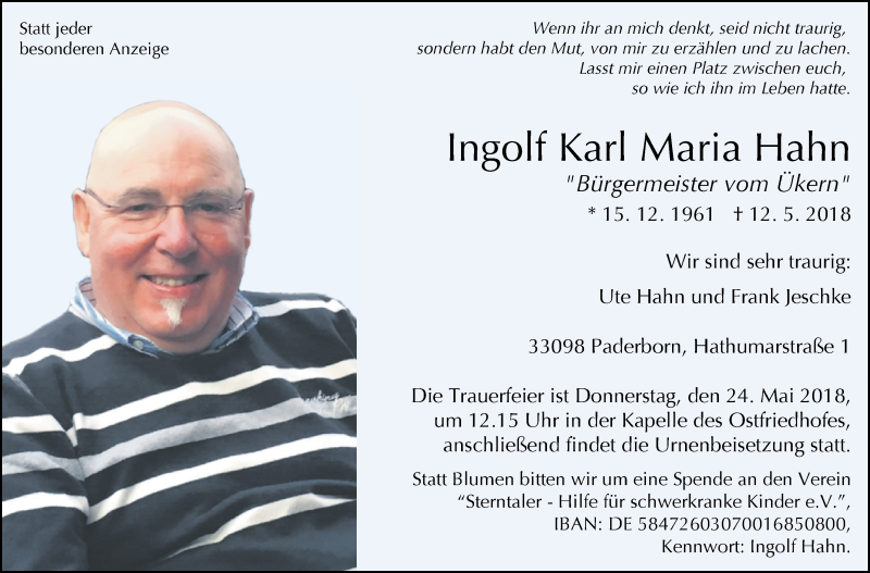  Traueranzeige für Ingolf Karl Maria Hahn vom 16.05.2018 aus Westfalen-Blatt