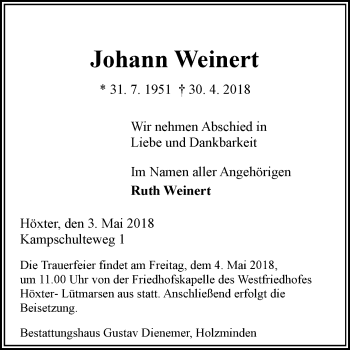 Traueranzeige von Johann Weinert von Westfalen-Blatt